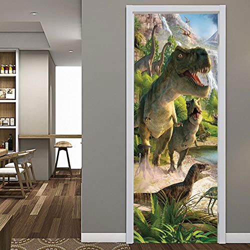 Türtapete selbstklebend TürPoster 3D Bewirken Dinosaurier Tyrannosaurus Rex Tür verschönern mit Türfolie Poster Tapete Abnehmbar Wandtapete für Wohnzimmer Küche Schlafzimmer Badezimmertür 90x200cm