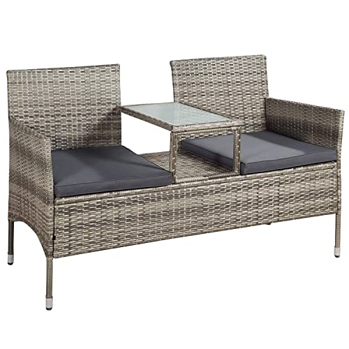 ArtLife Polyrattan Gartenbank Monaco grau-meliert - 2-Sitzer Bank mit integriertem Tisch & Kissen in Grau - 133 × 63 × 84 cm - Sitzbank wetterfest