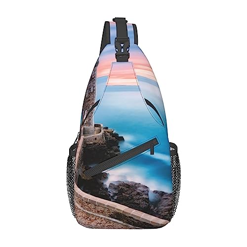 Schulter-Rucksack mit Strand-Leuchtturm-Aufdruck, leicht, faltbar, wasserabweisend, für den täglichen Gebrauch, Schwarz , Einheitsgröße