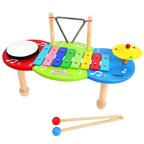 keepdrum Musiktisch Spieltisch für Kinder Musikstation mit Glockenspiel und Trommel