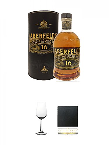 Aberfeldy 16 Jahre neue Ausstattung Single Malt Whisky 0,7 Liter + Whisky Nosing Gläser Kelchglas Bugatti mit Eichstrich 2cl und 4cl 1 Stück + Schiefer Glasuntersetzer eckig ca. 9,5 cm Durchmesser