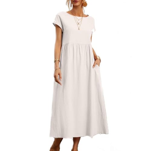 BAWUTZ Sommerkleid Damen Leinen Kleider, Shirtkleider Freizeitkleid mit Taschen,Damen Kleid, Baumwoll Leinen Kleider, Vintage Einfarbig Sommerkleid (Weiß,XL)