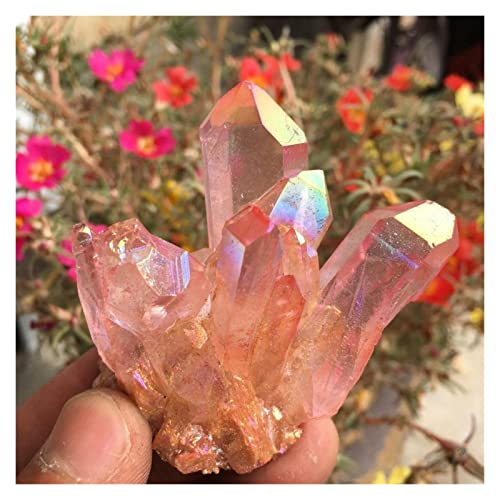 AMAZWI Natürlicher Kristall, rau, schön, Rose, Flammenaura, Quarzkristall, Cluster-Exemplar, 60–70 g ZUOSHUAAYIN