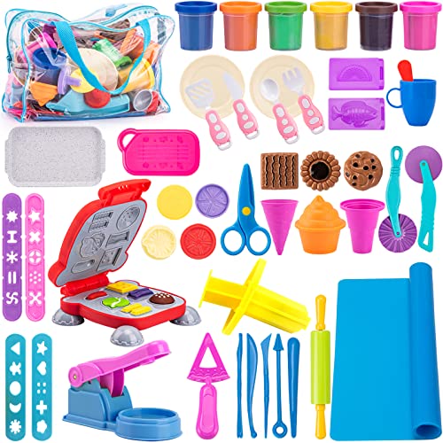Knete Werkzeug Set für Kinder, 48 Stück Playdough Zubehör inklusive Modelliermasse, Creation Burger & Pizzaformen, Extruderwerkzeu, Nudelholz, Spielmatten mit Aufbewahrungstasche