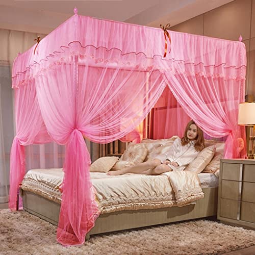 DUXY Moskitonetz Bett, Groß Fliegennetz Bett für Anti-Insekt mit 4 Eckpfosten mit Edelstahlrahmen, 3 Seitenöffnungen, Luxus-Prinzessin-Betthimmel für Zuhause und Reise,22mm pink,120 * 200cm