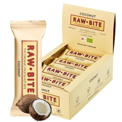 RAWBITE COCONUT in der 12er Box - Vegan, glutenfrei & ohne Zuckerzusatz (enthält von Natur aus Zucker) – Bio Frucht-Nuss-Riegel mit Kokos (12 x 50 g)