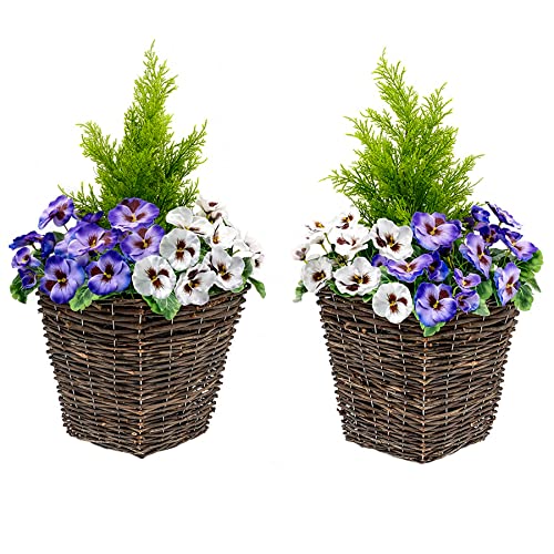 Künstlicher Pflanzentopf für die Terrasse, mit weißen und lila Blumen, Set mit 2 Stück
