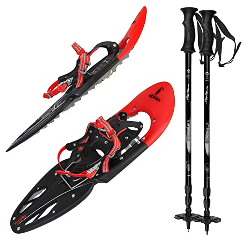 ALPIDEX Schneeschuhe 29 INCH Schuhgröße 38-46 bis 140 kg Steighilfe Tragetasche Optional Stöcke, Farbe:Red mit Stöcken