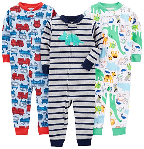 Simple Joys by Carter's Baby Mädchen 3-pack Snug Fit Footless Cotton Schlafstrampler, Fire Truck/Dino/Animals Green/Green, 6-9 Monate