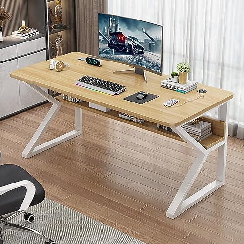 Computertisch mit Ablageflächen, moderner, einfacher Arbeitsschreibtisch, Arbeitsstation mit Metallbeinen, effizienter Home-Office-Schreibtisch