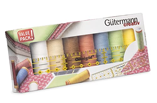 Gütermann creativ Nähfaden-Set mit 8 Spulen Baumwolle C Ne 50 100 m in bunten Farben + ein Omnigrid® Universal-Lineal, 3 x 15 cm