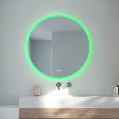 Loevschall Johannesburg Rund RGB Spiegel Mit Beleuchtung | Led Spiegel Rund 80 cm | Badezimmerspiegel Mit Beleuchtung | Wandspiegel Mit Beleuchtung | Badspiegel Mit Beleuchtung Und Touch-Schalter