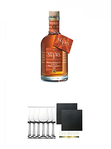 Slyrs Bavarian Whisky Pedro Ximenez PX 3 Deutschland 0,35 Liter + Whisky Nosing Gläser Kelchglas Bugatti mit Eichstrich 2cl und 4cl 6 Stück + Schiefer Glasuntersetzer eckig ca. 9,5 cm Ø 2 Stück