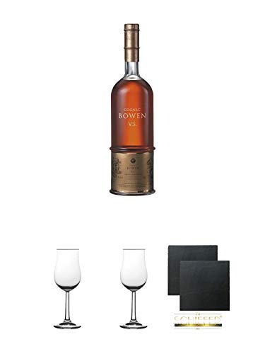 Bowen Cognac VS 0,7 Liter + 2 Bugatti Nosing Gläser mit Eichstrich 2cl und 4cl + 2 Schiefer Glasuntersetzer eckig ca. 9,5 cm Ø