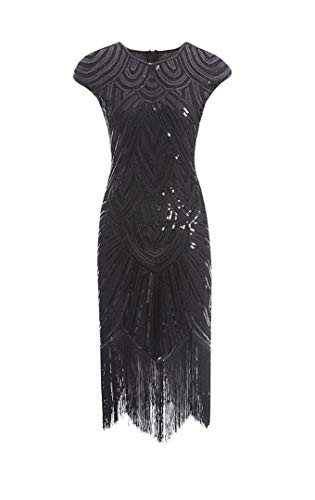 shoperama 20er Jahre Charleston Kleid Pailletten Fransen Flapper Gatsby 20's Fransenkleid Damen-Kostüm, Größe:M, Farbe:Schwarz/Schwarz