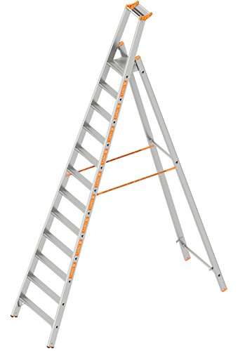 Layher 1064012 Stufenstehleiter einseitig begehbar Topic mit 12 Breiten Stufen, Aluminiumleiter klappbar mit Podest, Länge 3.70 m