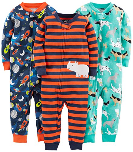 Simple Joys by Carter's Baby Jungen Pyjamaset aus Baumwolle, ohne Füße, Gute Passform, 3er-Pack, Marineblau Weltraum/Rostfarben Streifen/Türkisgrün Hunde, 6-9 Monate