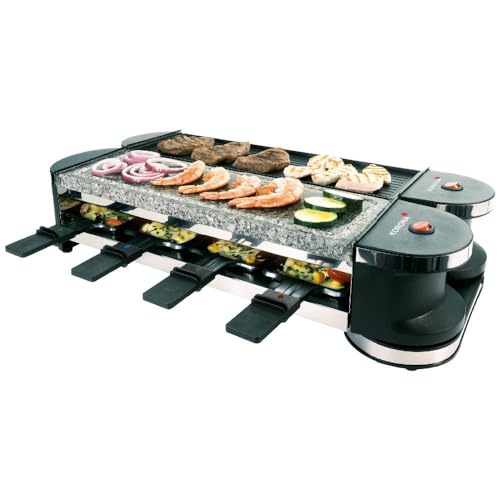 Korona 45071 Drehbares Raclette für 8 Personen | 2 in 1 Raclette mit 8 Pfannen & Spateln | Mit Naturstein- & Antihaft-Grillplatte | Vielseitig nutzbar durch 90° & 180° Gelenk | Extra langes 2m Kabel