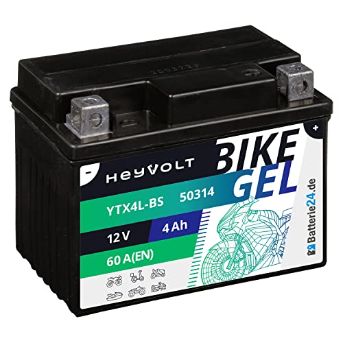 Batterie24.de HeyVolt GEL Motorradbatterie 12V 4Ah Rollerbatterie YTX4L-BS CTX4L-BS 50314 YT4L-BS