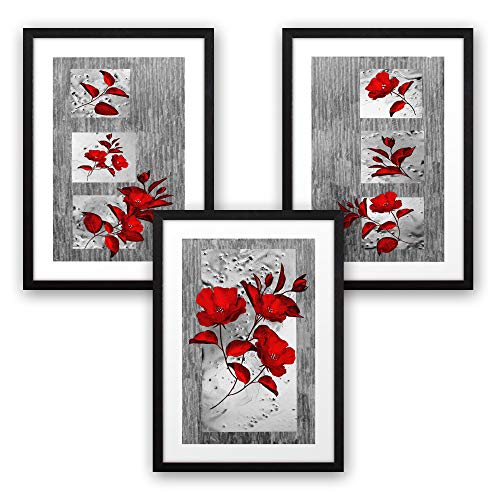 3-teiliges Premium Poster-Set | Kunstdruck | rote Blüten | Deko Bild für Ihre Wand | optional mit Rahmen | Wohnzimmer Schlafzimmer Modern Fine Art | DIN A4 / A3 (A4, schwarzer Rahmen)