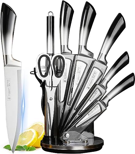 Profi Messerblock Set, Verlaufsfarbe 9-teilig Edelstahl Küchenmesser mit Acryl Holzblock, Ultra Sharp Antihaft Messerset für Zuschnitt Schneiden Zerkleinern (Schwarz)