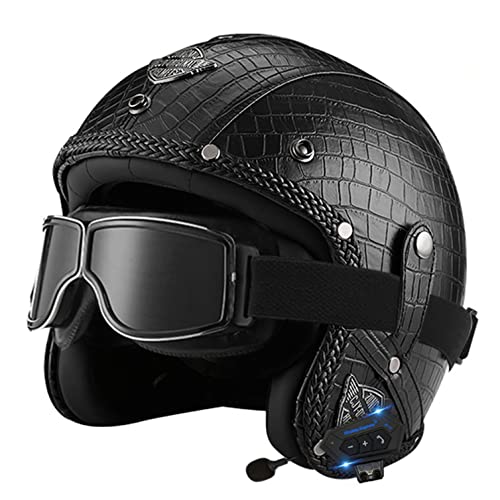 Bluetooth Jethelm mit Visier Retro Pilotenhelm Qualität nach ECE-Norm Roller-Helm für Frauen und Herren im Vintage-Look, Motorrad-Helm mit Schutzbrille E,L