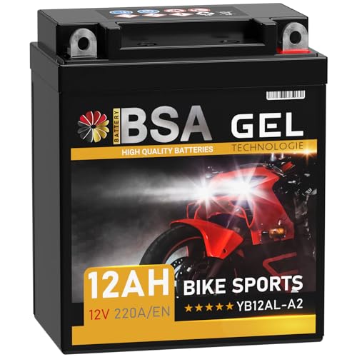 BSA YB12AL-A2 GEL Roller Batterie 12V 12Ah 220A/EN Motorradbatterie doppelte Lebensdauer entspricht 51213 GEL12-12AL-A YB12AL-A vorgeladen auslaufsicher wartungsfrei ersetzt 10Ah