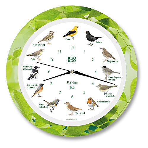 KOOKOO Singvögel Leaf, Die Singende Vogeluhr, mit 12 heimischen Singvögeln und echten, natürlichen Vogelstimmen, mit RC Funkquarzwerk