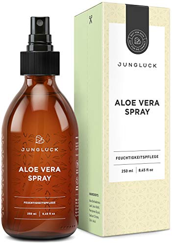 Junglück Aloe Vera Spray aus 92,3% bio Aloe Vera | 250 ml in Braunglas | Feuchtigkeitspflege für gesunde & schöne Haut | Wir stehen für natürliche & nachhaltige Kosmetik made in Germany