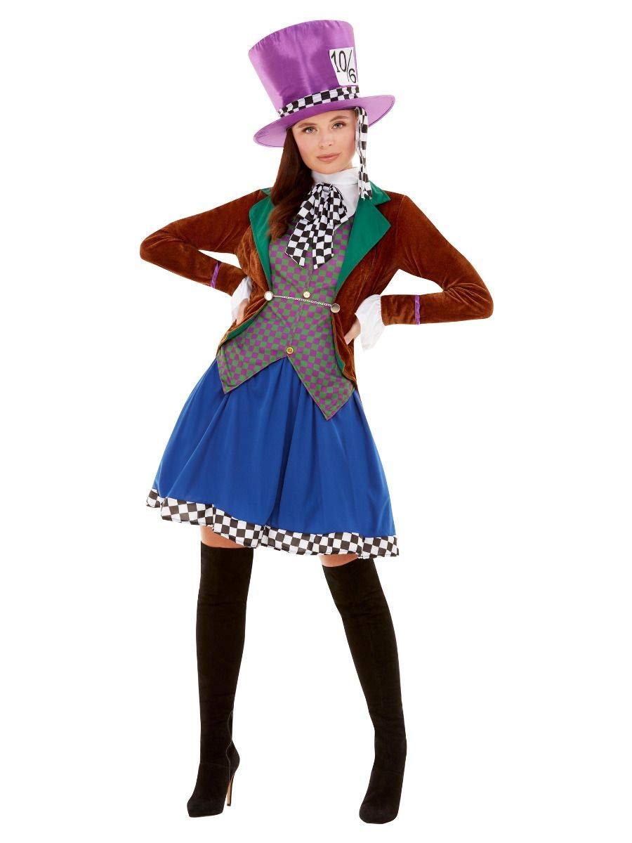 Miss Hatter Costume, Multi-Coloured, with Jacket, Attached Waistcoat, Skirt & Hat (S)
