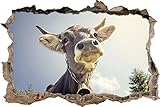 Lustiges Portrait einer Kuh Wanddurchbruch im 3D-Look, Wand- oder Türaufkleber Format: 92x62cm, Wandsticker, Wandtattoo, Wanddekoration