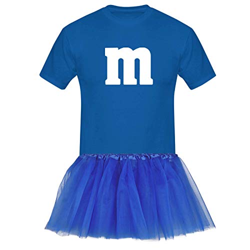 T-Shirt M&M + Tüllrock Karneval Gruppenkostüm Schokolinse 8 Farben Herren XS-5XL Fasching Verkleidung M's Fans Tanzgruppe, Größenauswahl:M, Farbauswahl:Royalblau - Logo Weiss (+Tütü Royalblau)
