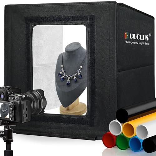 DUCLUS Fotobox 40x40 cm Faltbare Fotostudio, 5500K Dimmbare Lichtzelt Set mit 160 LED Beleuchtung und 8 Produktfotografie Hintergründe