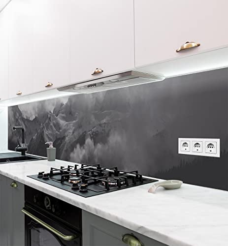 MyMaxxi | selbstklebende Küchenrückwand Folie ohne bohren | Aufkleber Motiv Berge schwarz weiß | 60cm hoch | adhesive kitchen wall design | Wandtattoo Wandbild Küche | Wand-Deko | Wandgestaltung