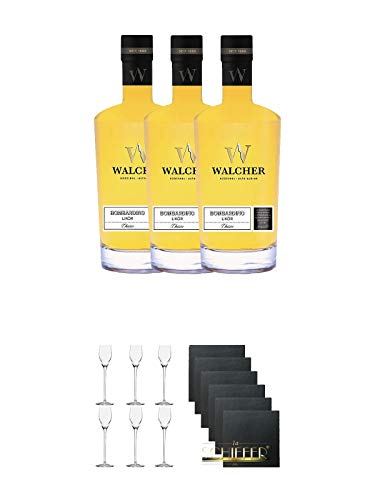 Walcher Bombardino Ei Rum-Likör 17% 3 x 0,7 Liter + Edelbrandglas Stölzle 6 Gläser - Quadrophil 231/30 + Schiefer Glasuntersetzer eckig 6 x ca. 9,5 cm Durchmesser