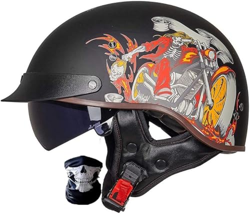 Halbhelme Motorrad Brain-Cap · Halbschale Jet-Helm Roller-Helm Halbschalenhelm mit ECE-Zertifizierung Scooter-Helm Mofa-Helm Retro Half Helm mit Visier für Cruiser Chopper Biker 11,L=59-60cm