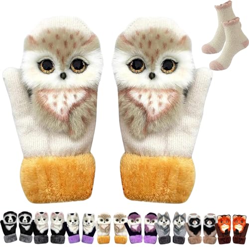 Donubiiu Cute Winter Animal Gloves,Hand-Knitted Animal Mittens,Women's Winter Cute Furry Animal Knit Gloves (Adults-D)