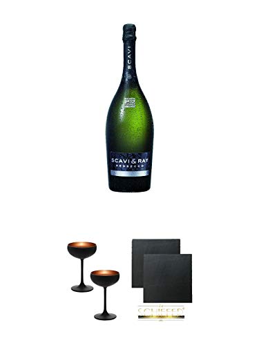 Scavi & Ray Spumante 1,5 Liter + Sektschale/Champagnerschale Stölzle 2 Gläser - Olympic Serie MATT-SCHWARZ BRONZE 2739408 + Schiefer Glasuntersetzer eckig ca. 9,5 cm Ø 2 Stück