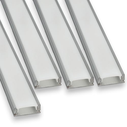 JANDEI – 4 x 1 Meter Aluminiumprofile zur Installation von LED-Streifen auf der Oberfläche, mit durchscheinendem Diffusor, Packung mit 4 Einheiten (einschließlich Kappen und Zubehör für Installation)