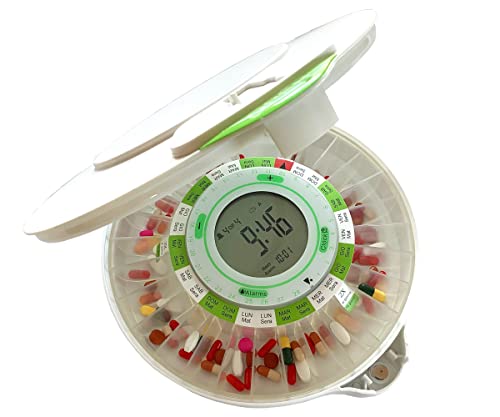 DOSECONTROL Automatischer Pillendose für Wochen, elektronisch, mit Alarm, Pillenspender, weißer Deckel, Dosiermodelle in Italienisch, Modell 2021, großes Display, 9 Wecker, 2 Schlösser