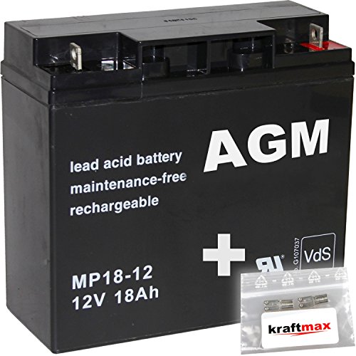 kraftmax 1x AGM 12V / 18Ah Blei-Akku - MP18-12 [ M5 - Bolzen inkl. Schraube und Mutter ] VDs geprüft - inkl. 2X Original Anschluß-Adapter