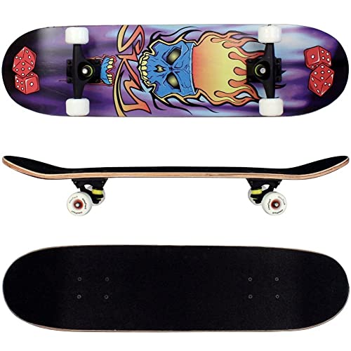 FunTomia Skateboard mit Mach1 Kugellager Rollenhärte 100A und 100% 7-lagigem Ahornholz Skate Board mit Kicktail (Würfel Totenkopf)