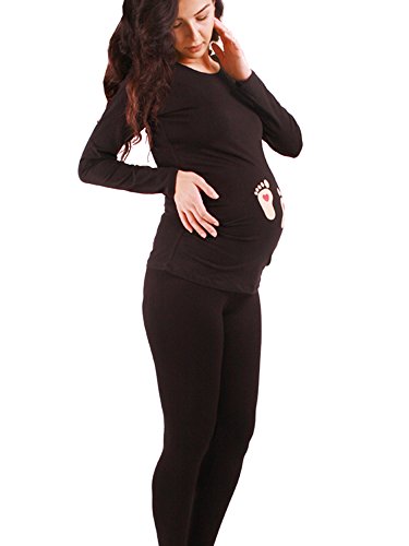M.M.C. Fußabdrücke Baby mit Herz - Lustige witzige süße Umstandsmode Umstandsshirt mit Motiv für die Schwangerschaft Schwangerschaftsshirt, Langarm (Schwarz, Small)