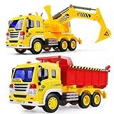 GizmoVine Bagger Spielzeug, 2 Stück Kinderspielzeug Bagger Baufahrzeuge Kinder mit Lichtern und Geräuschen, Fahrzeuge LKW Sandspielzeug für Kinder Jungen Mädchen 2 3 4 Jahren