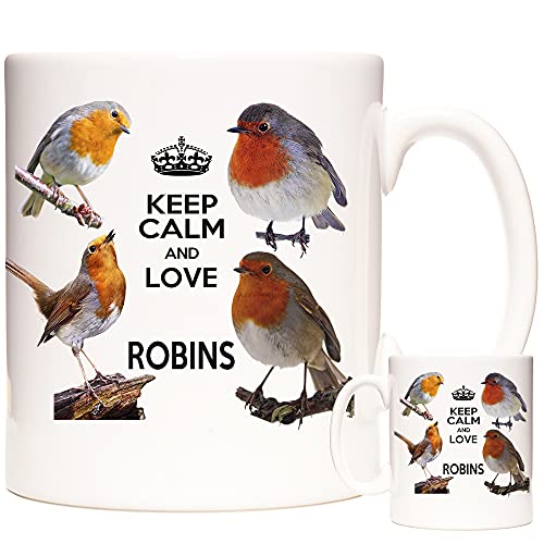 Tasse mit Rotkehlchen-Motiv, 325 ml, mit Aufschrift "Keep Calm and Love Robins".