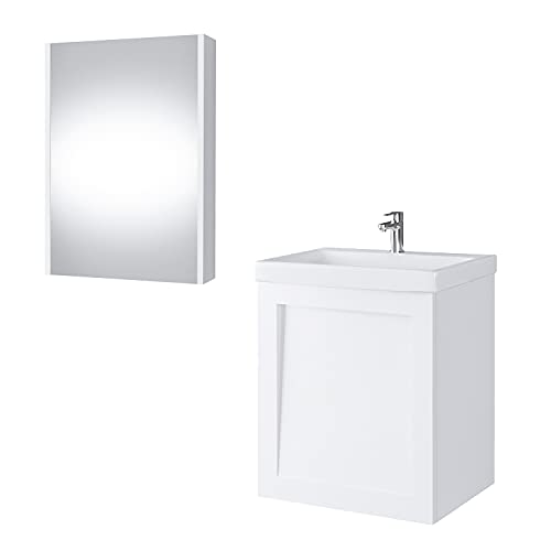 Planetmöbel Waschtischunterschrank Keramikwaschbecken Spiegelschrank Badmöbel Set 50cm matt (Weiß matt)