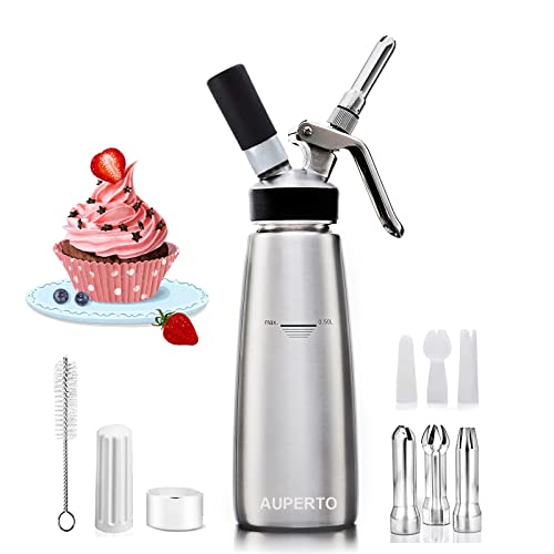 Schlagsahne-Spender – 500 ml Edelstahl Sahnebereiter Siphon mit 3 Metall-Dekorationsdüsen/3 Kunststoff-Aufsätzen für alle Arten von Dessert-Dekoration