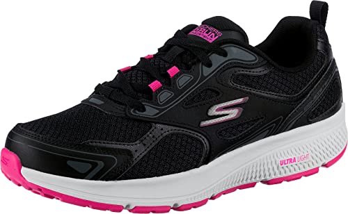 Skechers Damen Go Run Consistent Sneaker, Schwarz (Black Leather/Synthetic/Pink Trim/Textile Bkpk), 40 EU