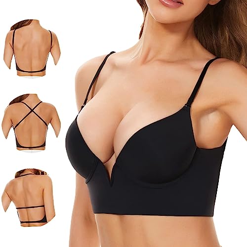 EVURU Low Back Bras for Women, Seamless Low Cut Underwire Lightly Lined Halter Bralette, Convertible Multiway Invisible Deep Plunge Backless Bras (Black,L/75C/80AB)