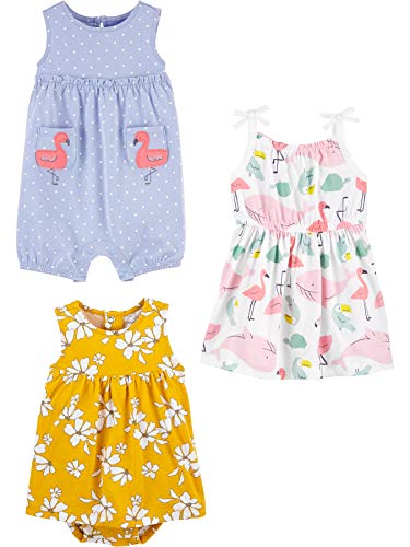 Simple Joys by Carter's Baby Mädchen Spielanzug, Sonnenanzug und Kleid, 3er-Pack, Tier/Blumen/Flamingo, 0-3 Monate